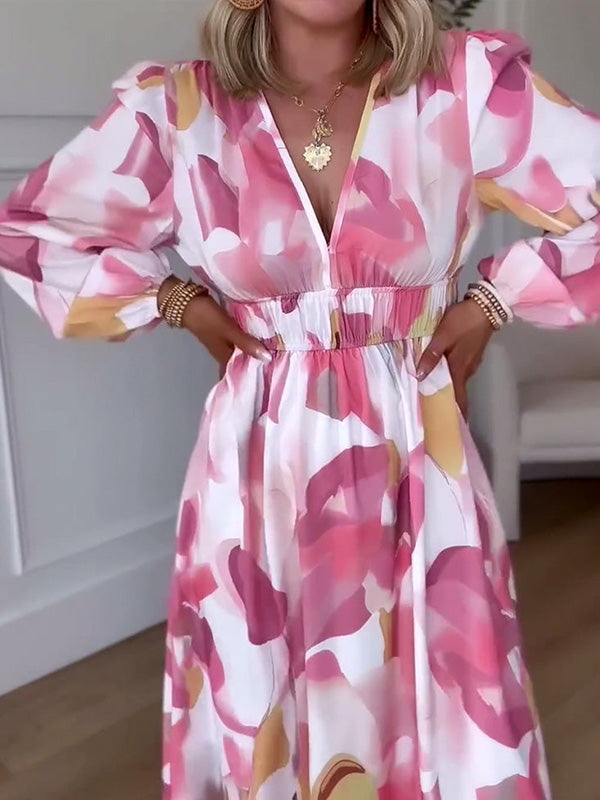 NEU🔥 Langärmeliges bedrucktes Kleid mit elastischer Taille