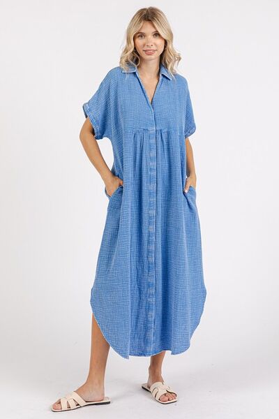 Robe chemise midi boutonnée à col en V délavée Mittoshop