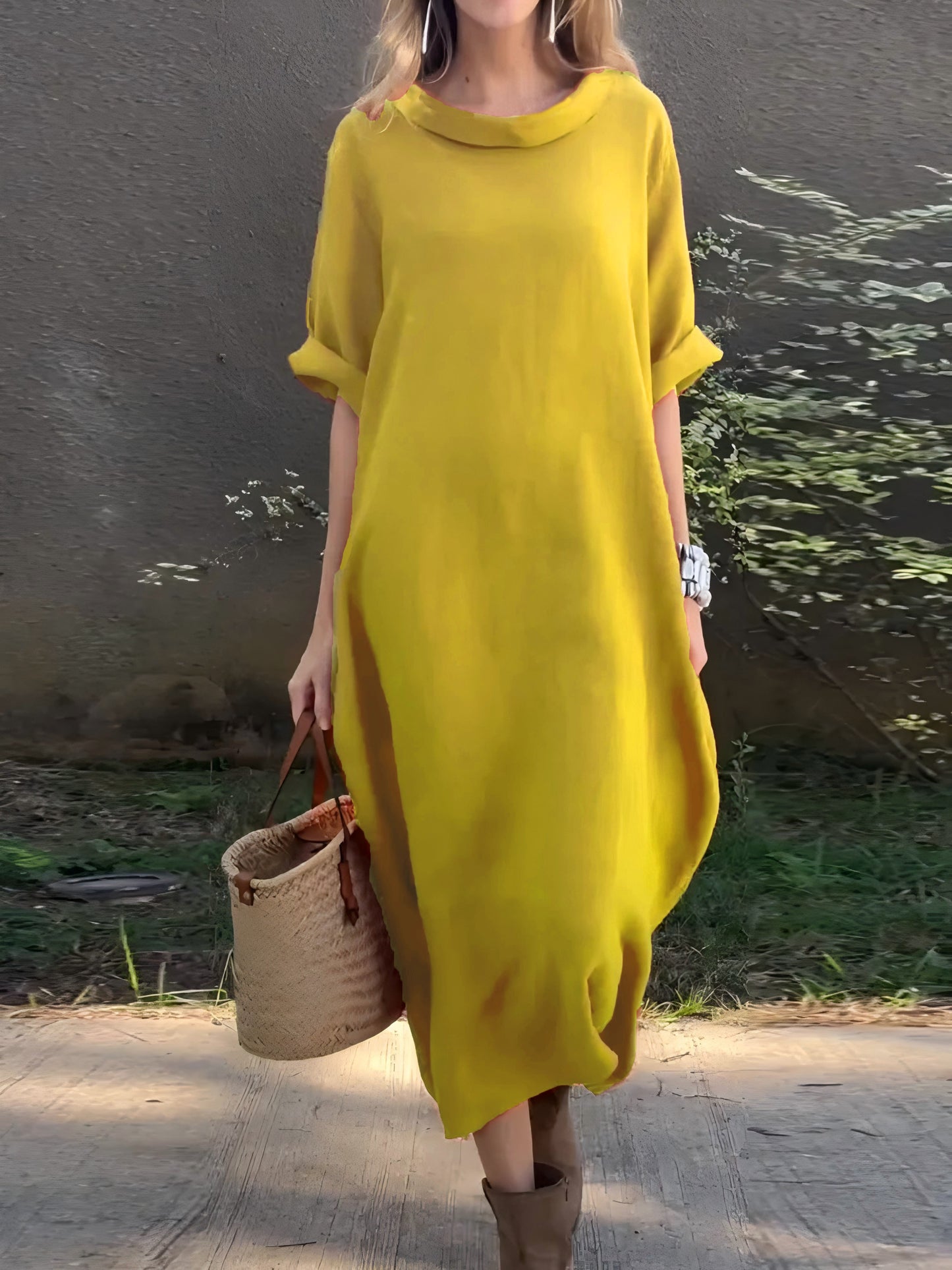 Robe décontractée unie en coton et lin pour femme