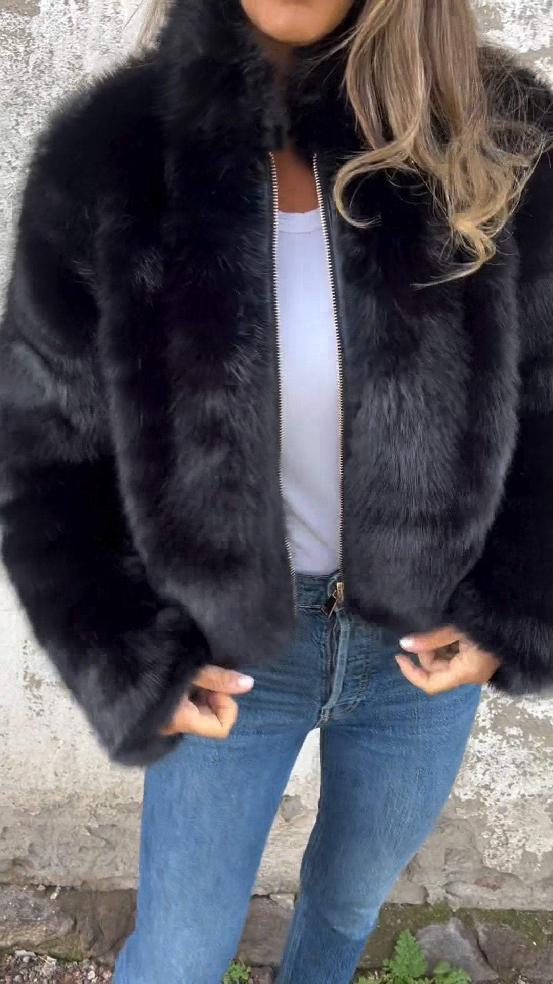 Veste décontractée zippée en fausse fourrure à col montant pour femme