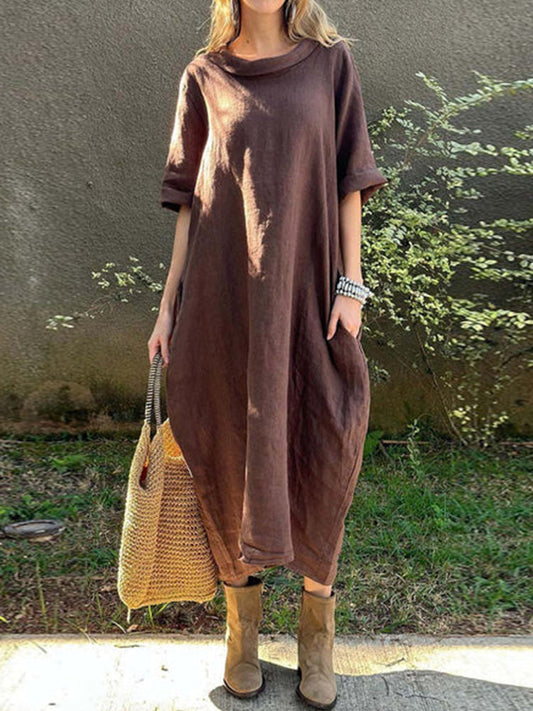 Damen Freizeitkleid aus Baumwolle und Leinen in Uni-Farben