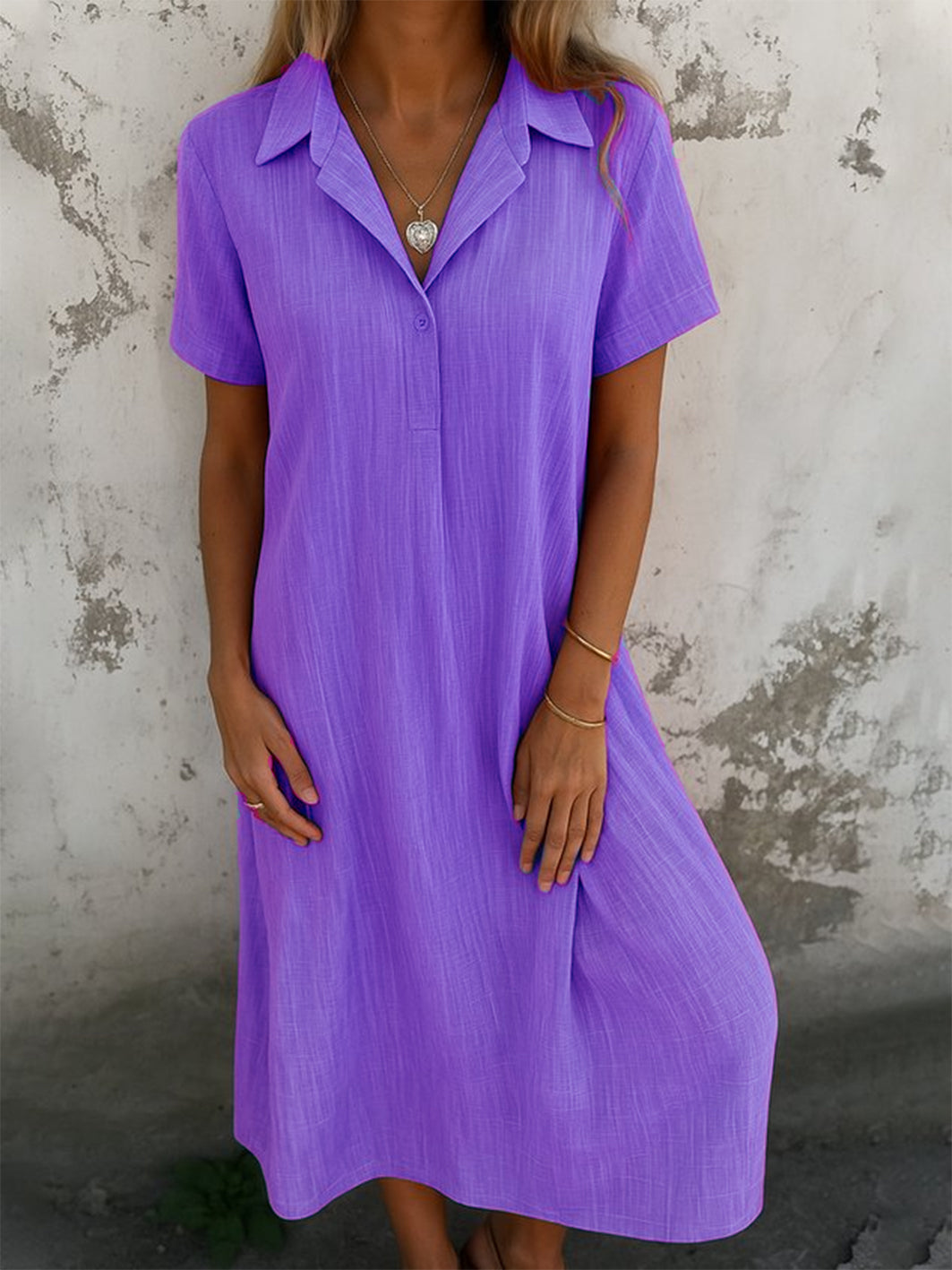 Robe longue décontractée quotidienne coupe trapèze à col chemise et manches courtes unie pour femme (achetez-en 2, livraison gratuite)
