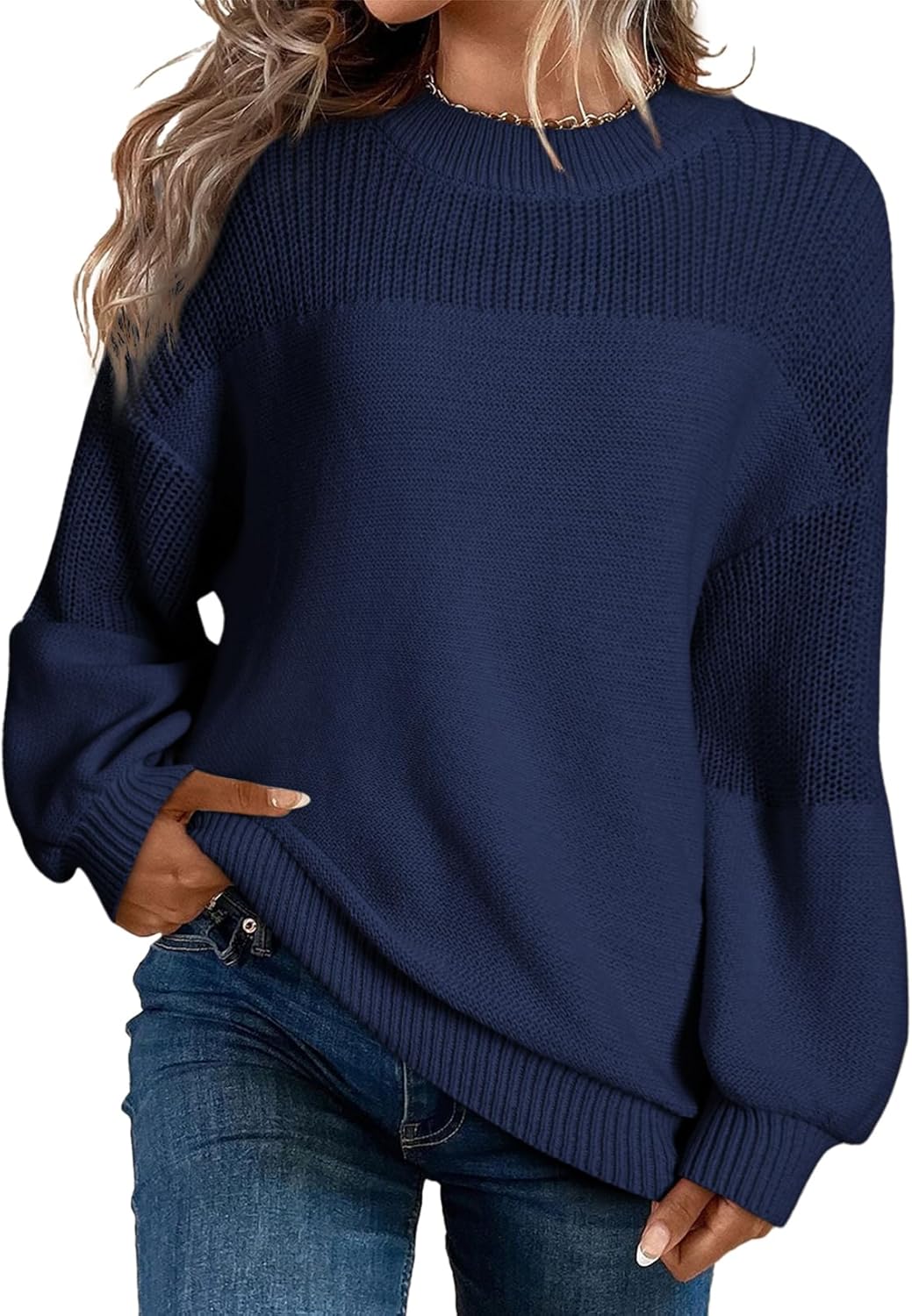 Pull décontracté à manches longues et col rond en tricot de couleur unie pour femme