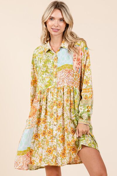 Mittoshop Langärmeliges Hemdkleid mit Blumendetail und Knopfleiste