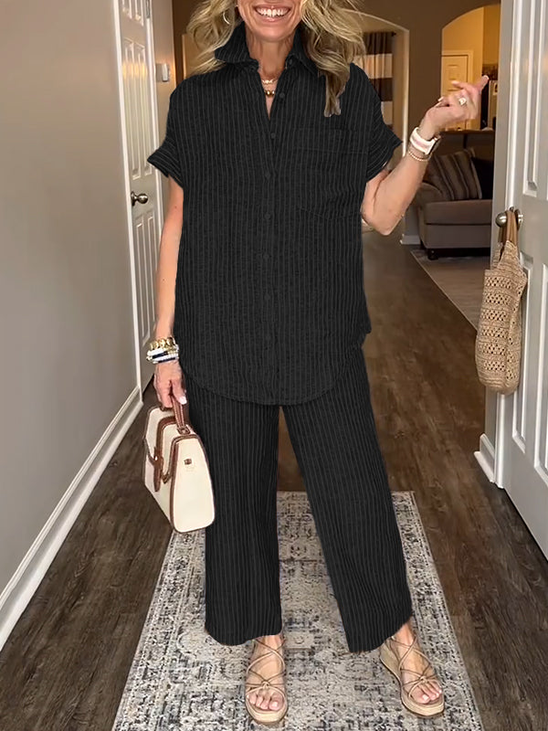 ⏰ DERNIER JOUR -50% 💥Ensemble chemise rayée classique en coton et lin avec poches