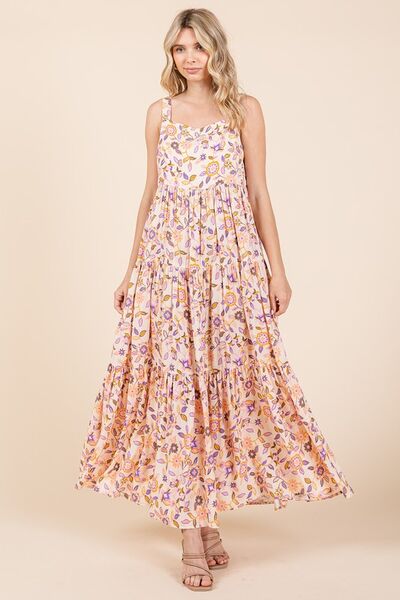 Mittoshop Geblümtes, gestuftes, ärmelloses Empire-Maxikleid