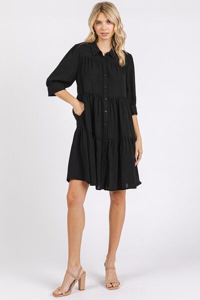 Mittoshop Hemd-Kleid mit Stufenrock, Hemdkragen und Knopf-Detail