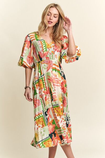 ADORA Florales Midi-Kleid mit V-Ausschnitt und Puffärmeln