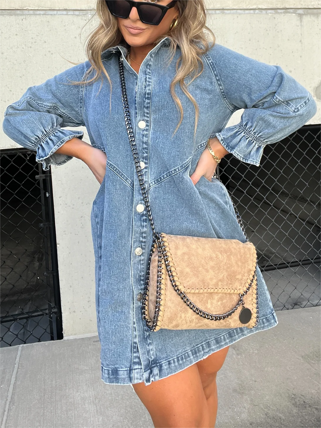 Nouvelle Robe en Jean Délavé à Manches Bouffantes (Achetez-en 2, Livraison Gratuite)