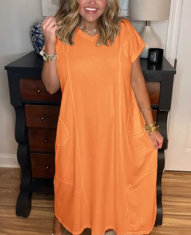 Damen Maxikleid mit kurzen Ärmeln und Taschen (2 kaufen, kostenloser Versand)