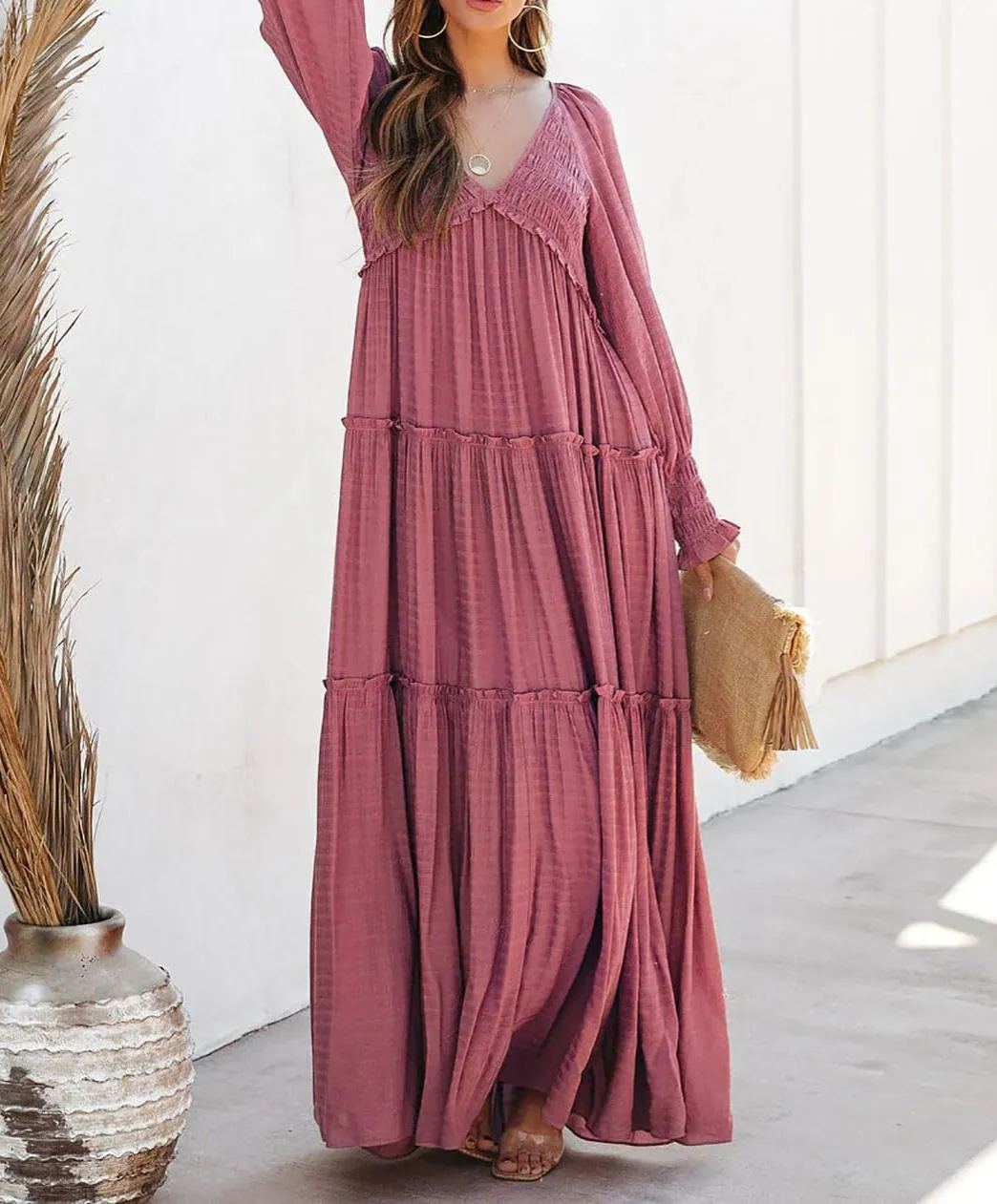 Robes longues amples bohèmes à col en V et manches longues pour femmes (achetez-en 2, livraison gratuite)