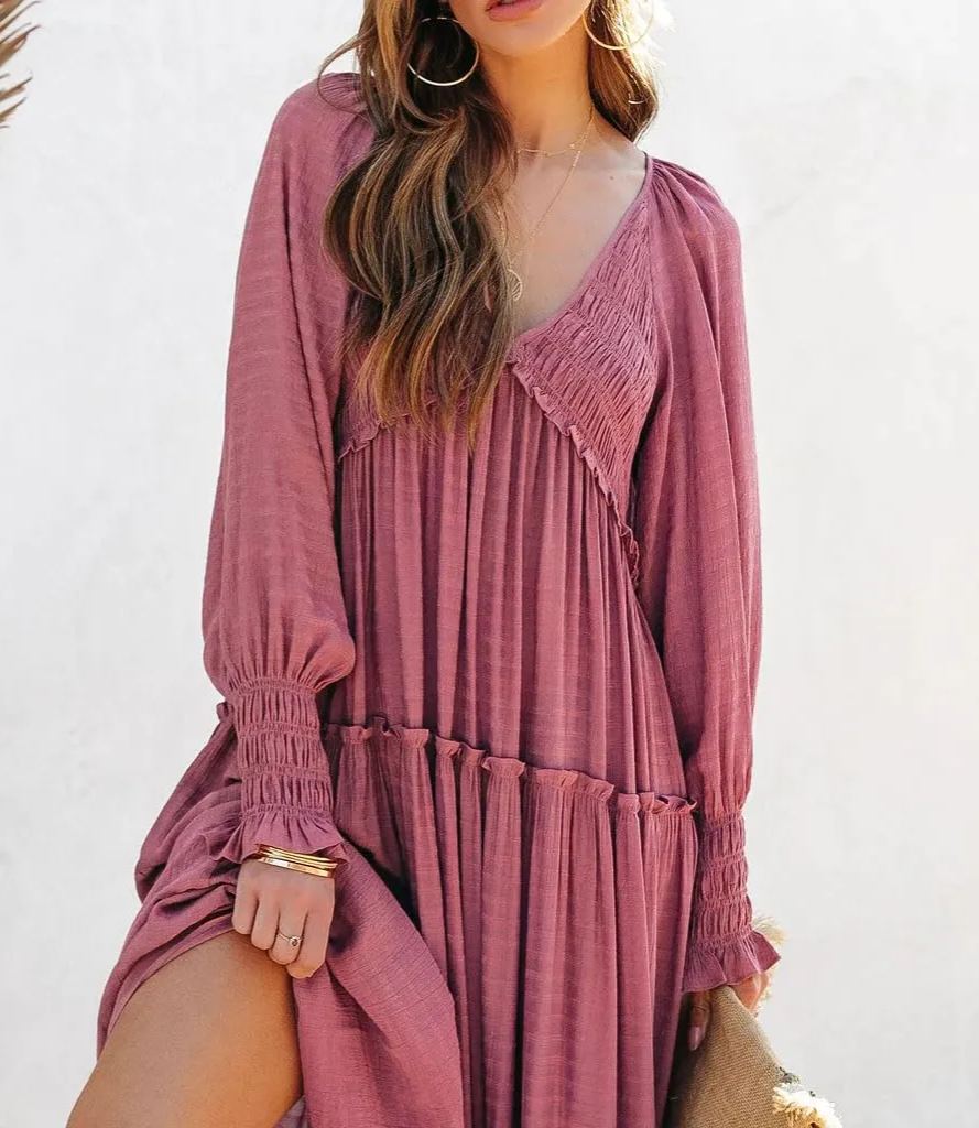 Robes longues amples bohèmes à col en V et manches longues pour femmes (achetez-en 2, livraison gratuite)