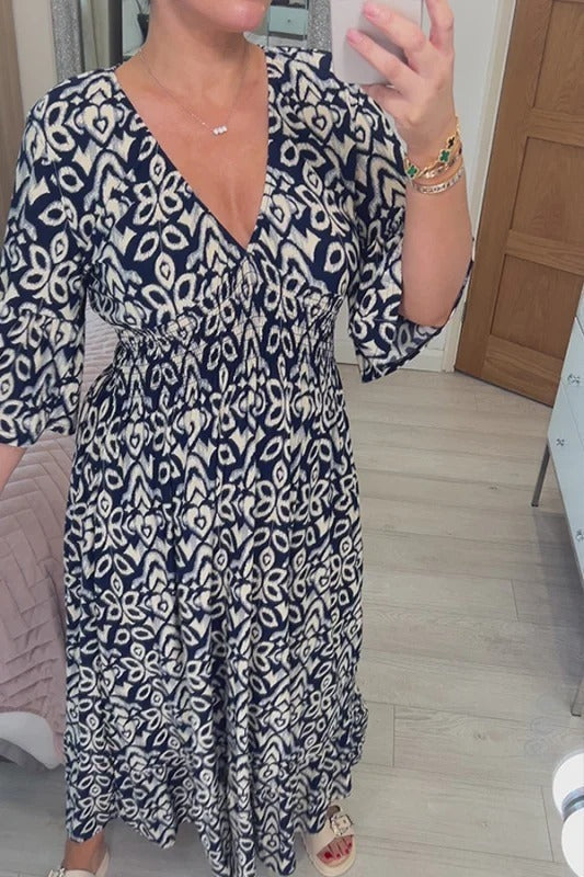 Neues böhmisches Freizeitkleid mit V-Ausschnitt und Print (2 kaufen, kostenloser Versand)