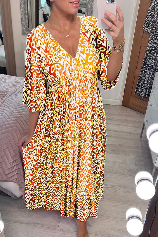 Neues böhmisches Freizeitkleid mit V-Ausschnitt und Print (2 kaufen, kostenloser Versand)